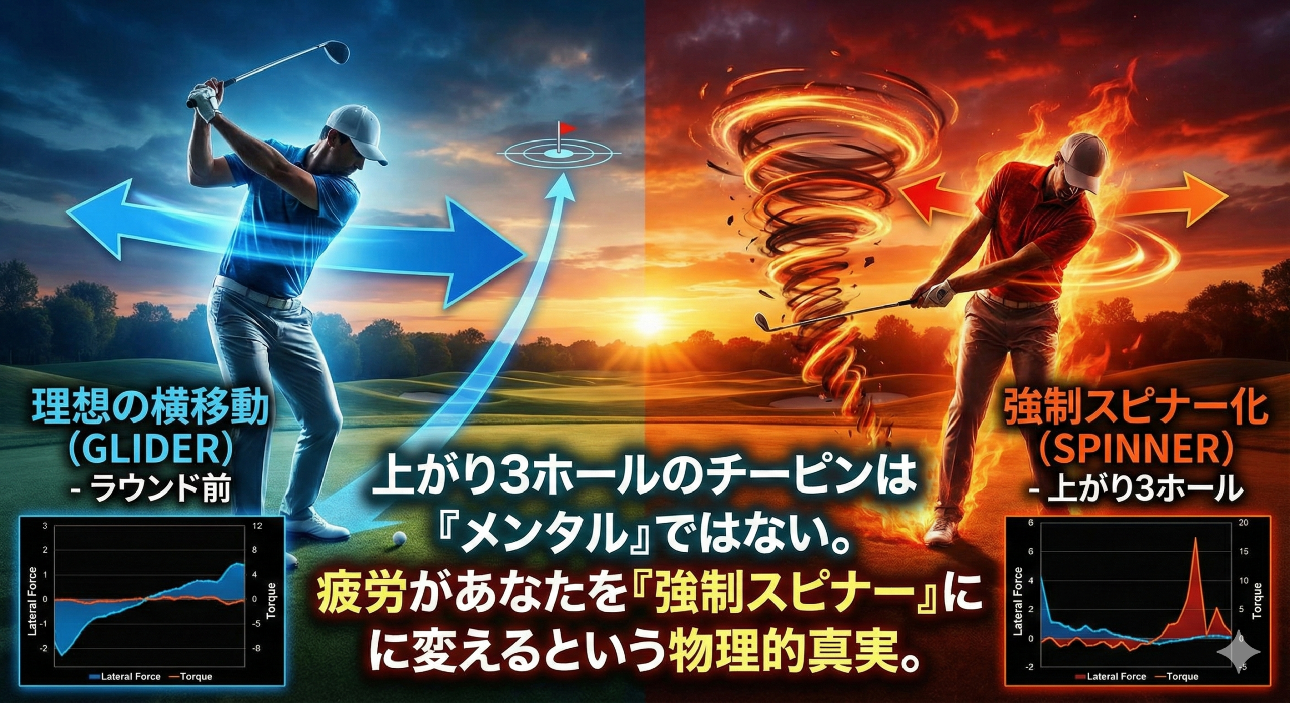 上がり3ホールのチーピンは「メンタル」ではない。疲労があなたを『回転型』に変えるという物理的真実。